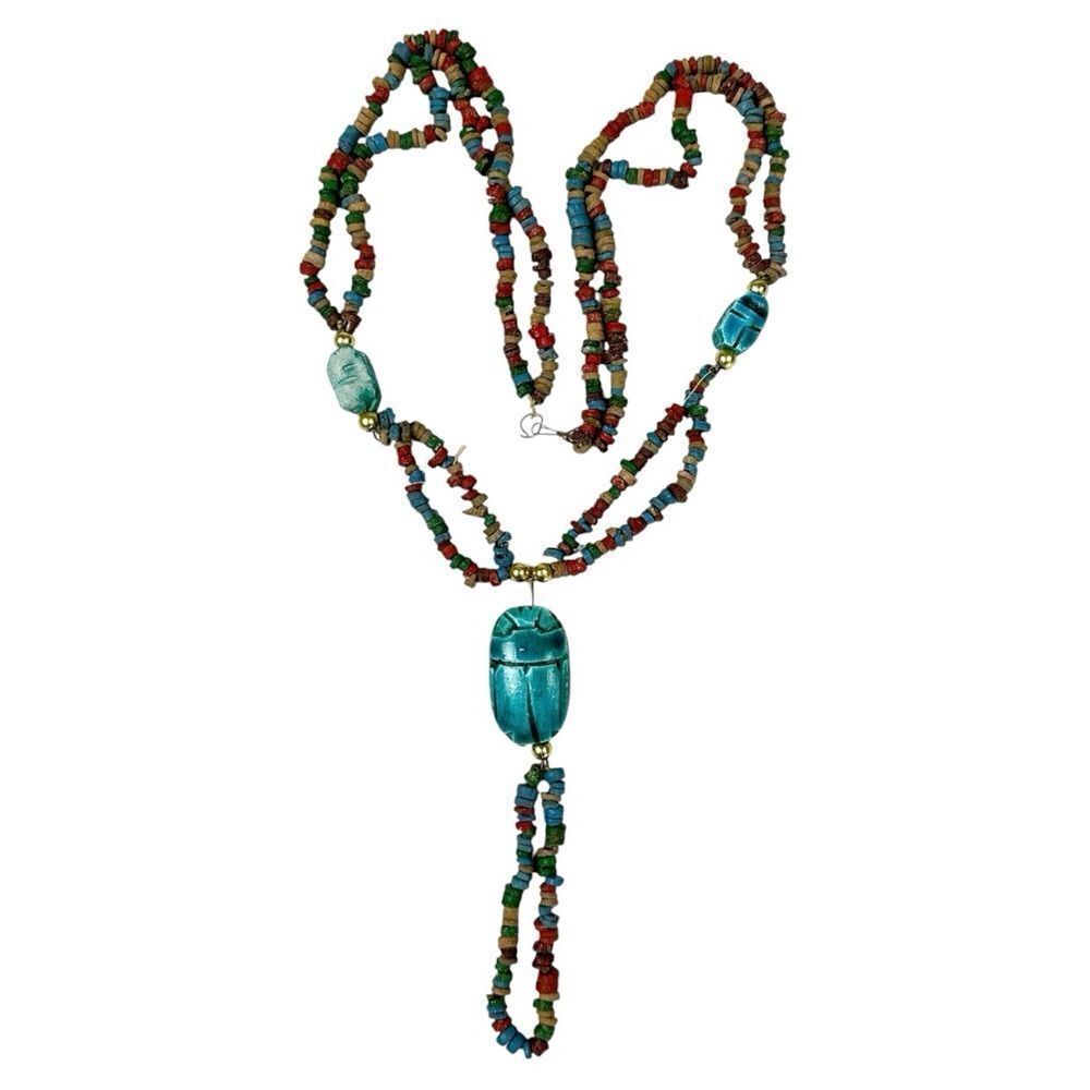 Vintage Egyptian Beaded Scarab Beetle Pendant Necklace